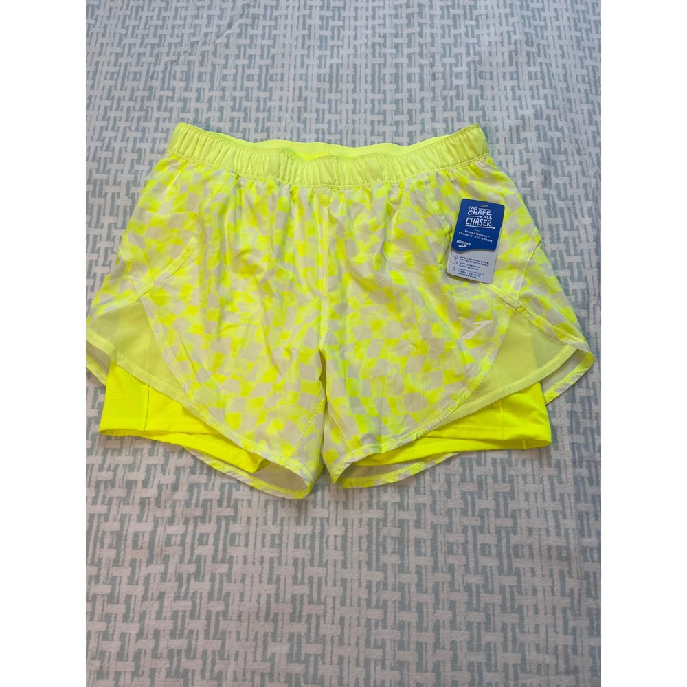 Brooks Women Chaser 5 2-in-1 Running Shorts Speed Check Lime 221464386.035 L